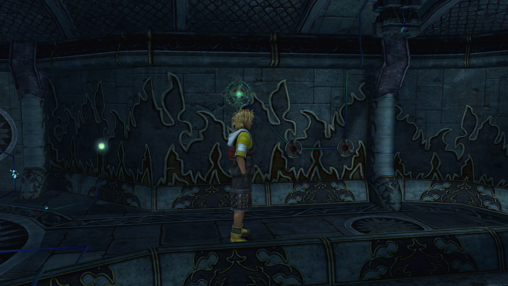 The glyph on the wall on the right side of the room